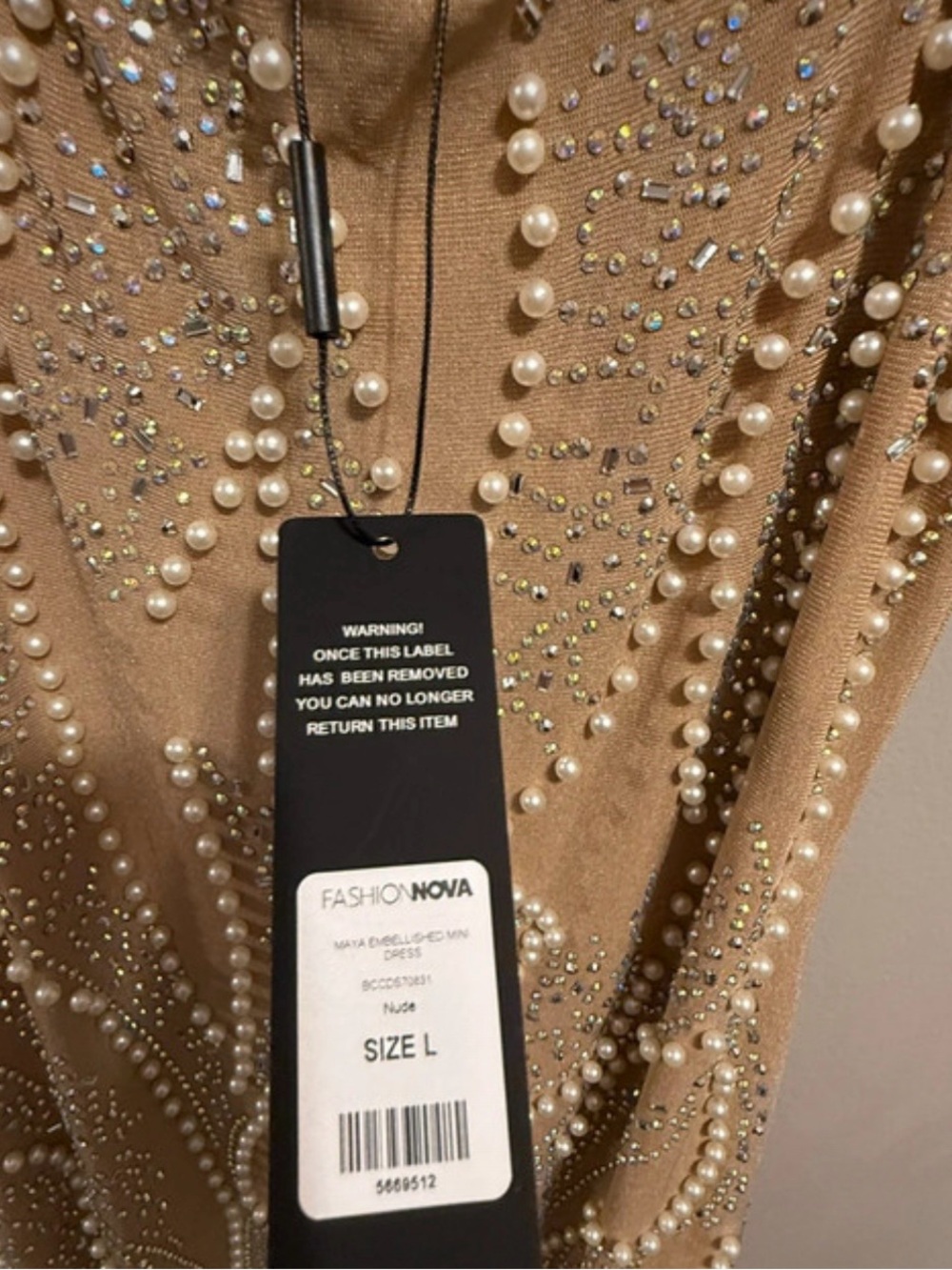 Fashion Nova Nude Pearl & Rhinestone Bodycon Mini Dress